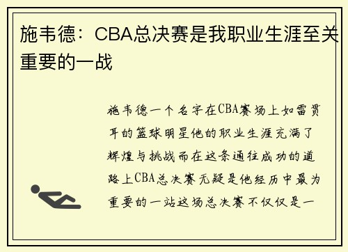 施韦德：CBA总决赛是我职业生涯至关重要的一战