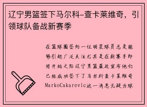 辽宁男篮签下马尔科-查卡莱维奇，引领球队备战新赛季