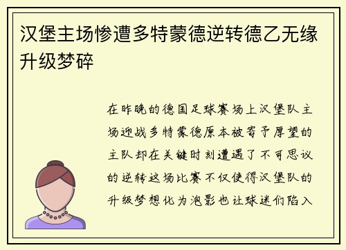 汉堡主场惨遭多特蒙德逆转德乙无缘升级梦碎